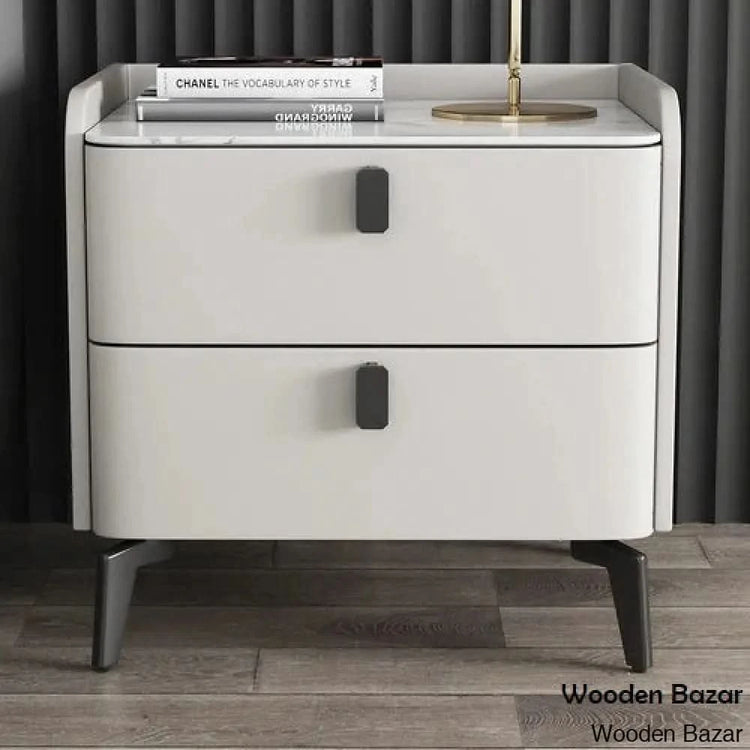 2 Drawers Faux Leather Bedside Table with Sintered Stone Top