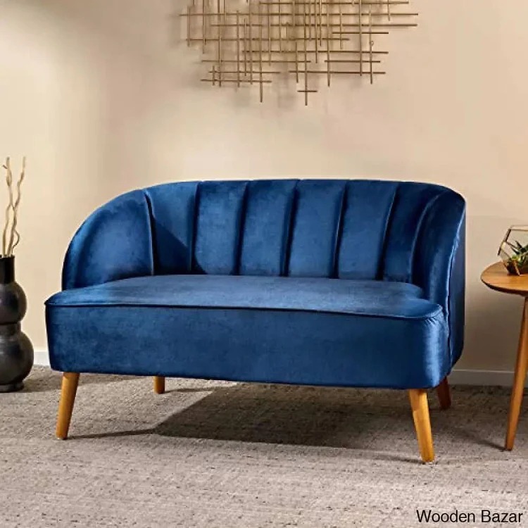 Amaia Modern Velvet Sofa, Cobalt / Walnut