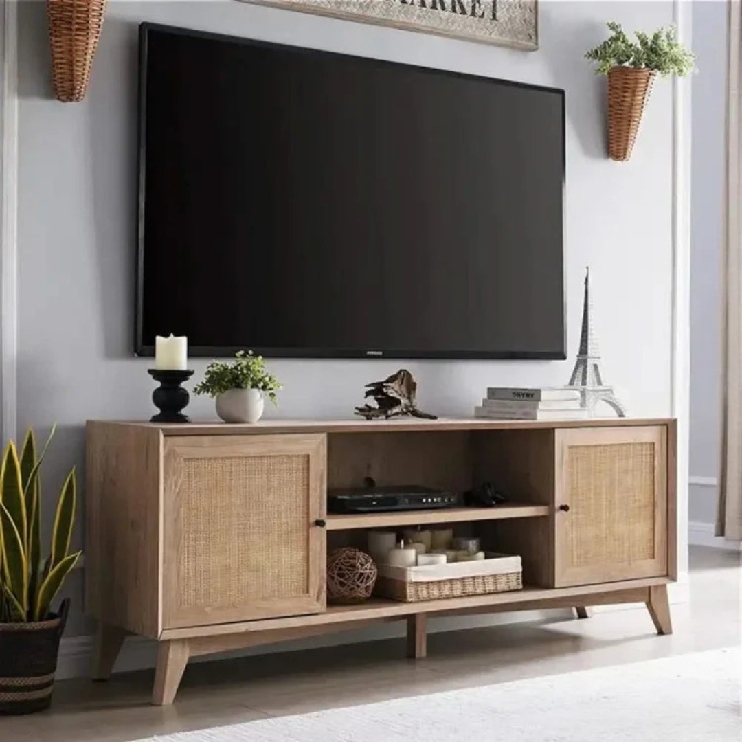 Large Media Console with Natural Rattan Doors and Adjustable Shelves