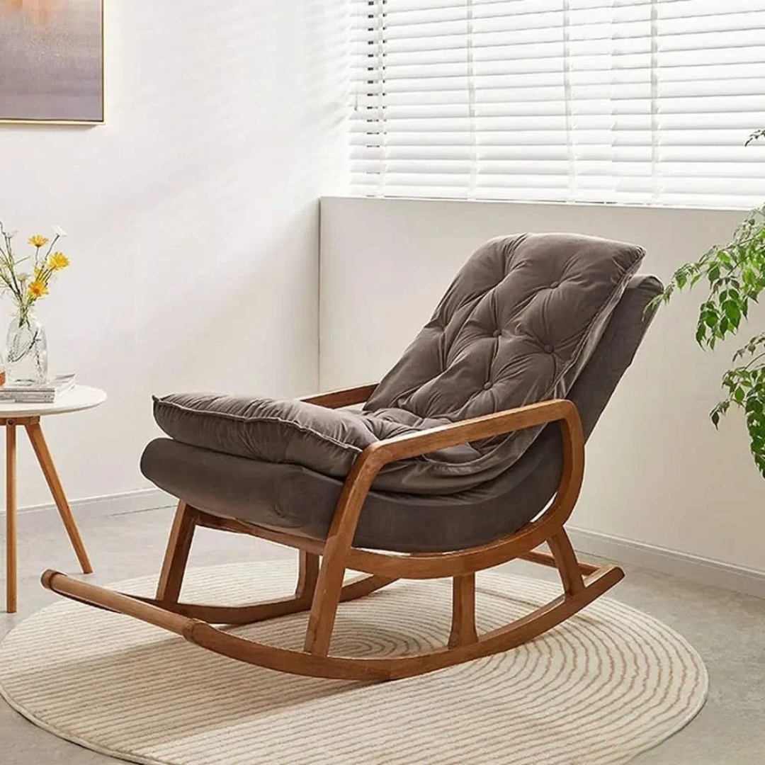 Teak Wood Recliner Rocking Chair with Natural Polish and Branded Cushioning