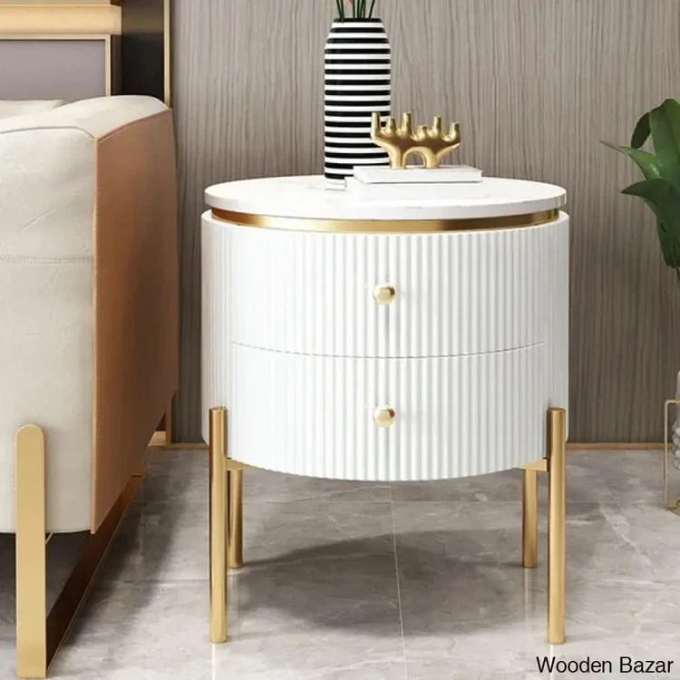 Yelly Modern Round End Table With Storage Drawers White Faux Marble Side Table Gold Legs